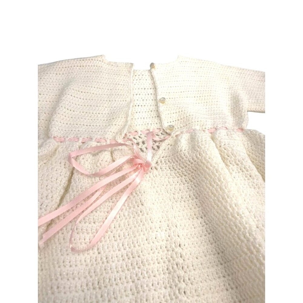 Handcrafted Crochet Baby Christening Gown With Pink Ribbon Accents - Soft Ivory - Picture 5 of 7